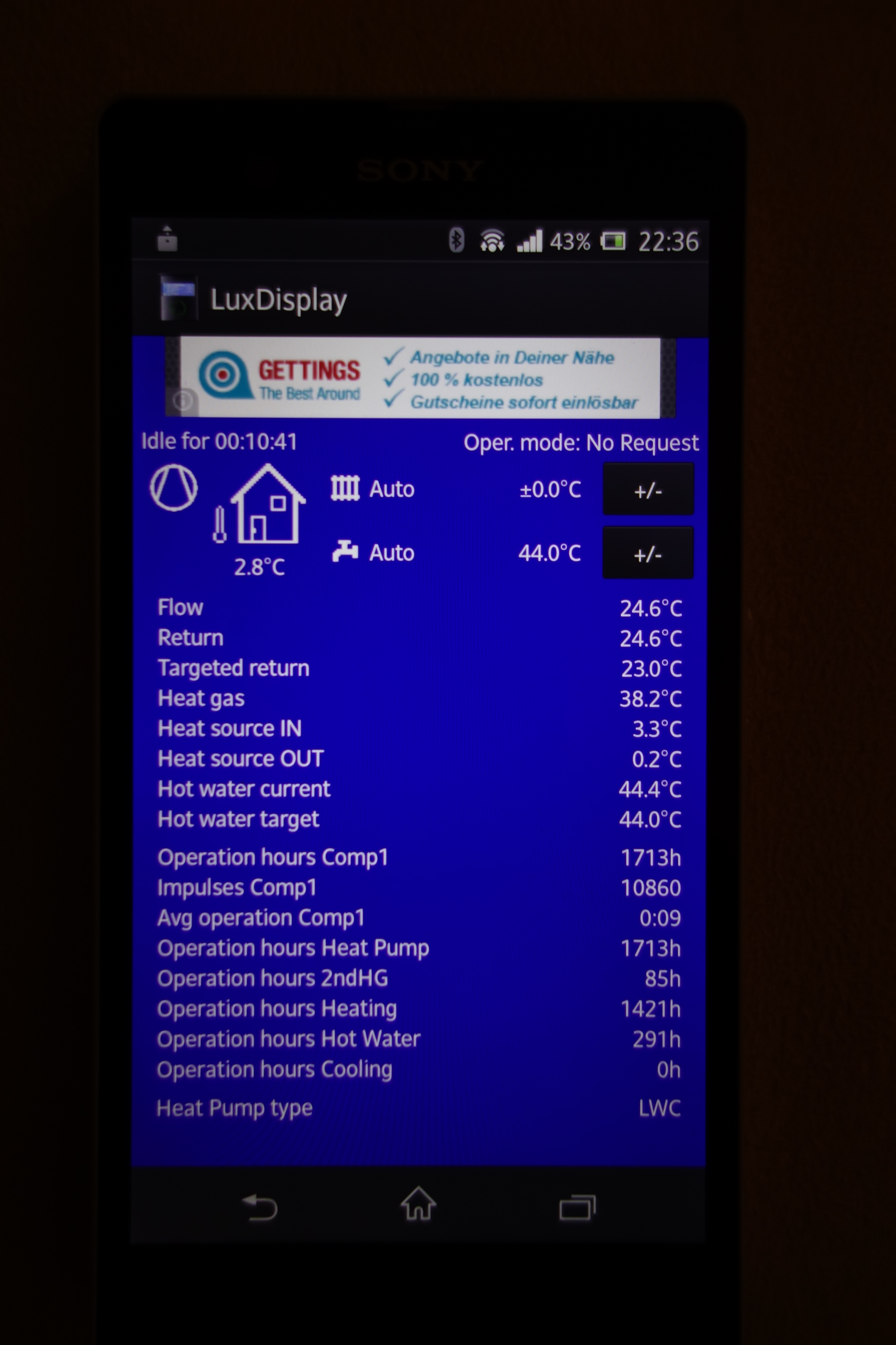 Bild 16: LUX-Probe zeigt viele Parameter und lässt sogar die Einstellung der Betriebsart und Solltemperaturen zu